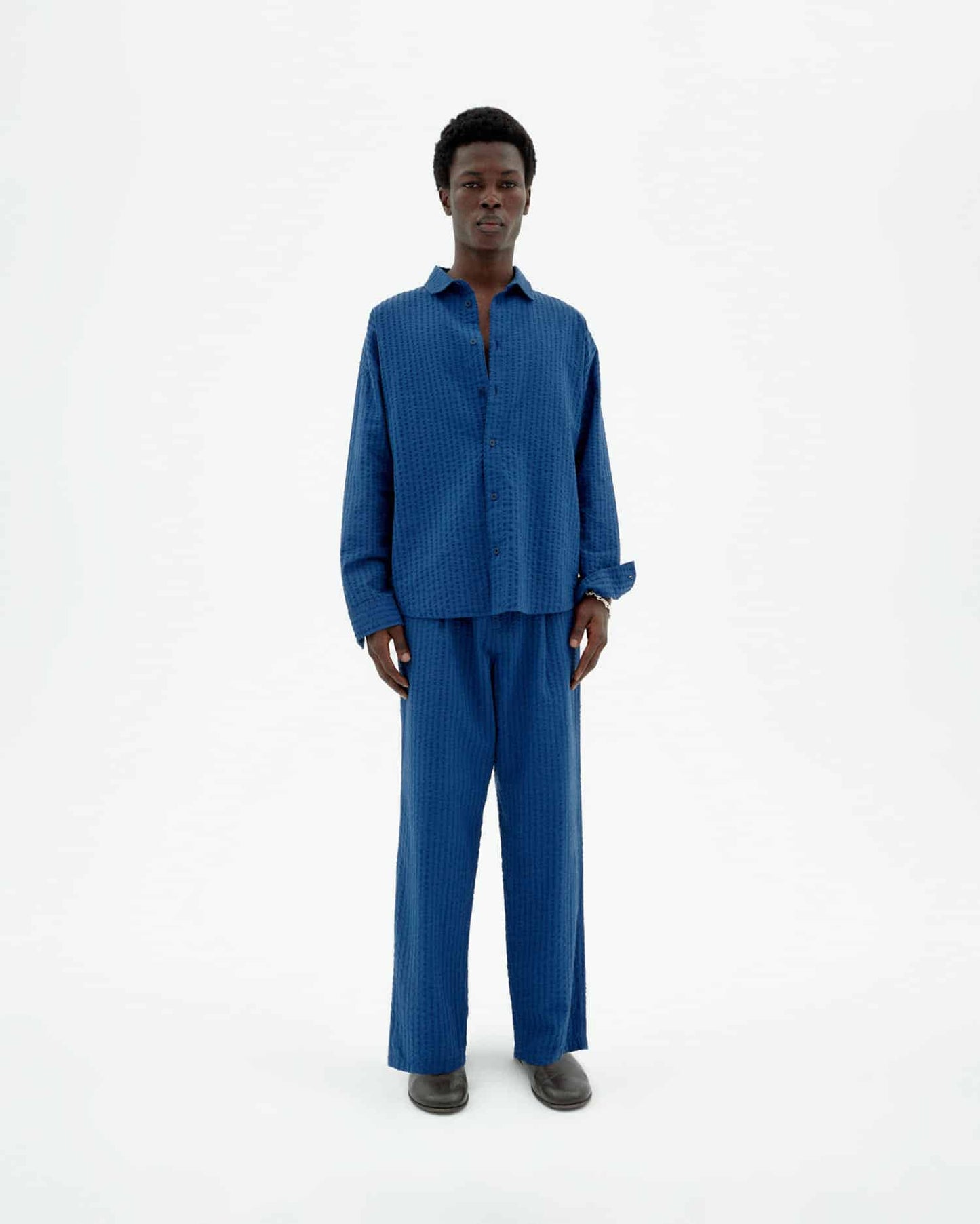 THINKING MU Blue loose Seersucker Luc pants