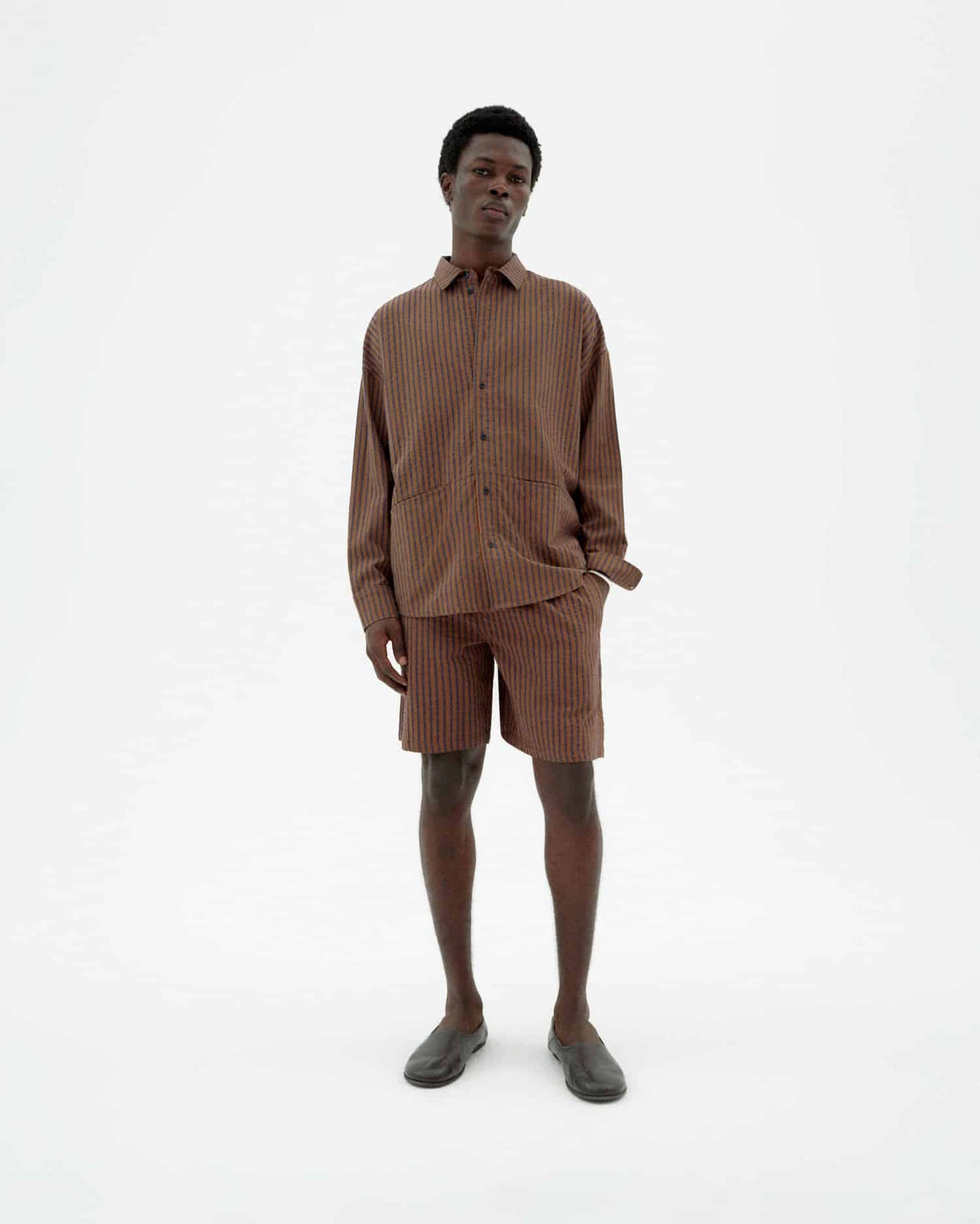 THINKING MU Brown striped Henry Bermuda shorts